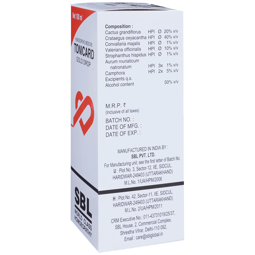 SBL Tonicard Gold Drop Homeopathic Medicine bottle of 100 ml Drop SBL Tonicard Gold Drop Homeopathic Medicine bottle of 100 ml Drop