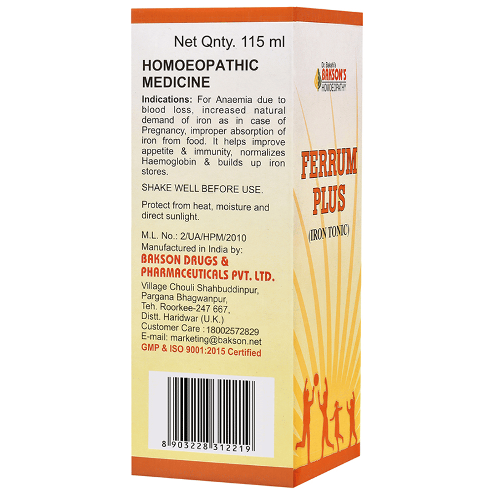 Bakson's Homeopathy Ferrum Plus Iron Tonic bottle of 115 ml Tonic