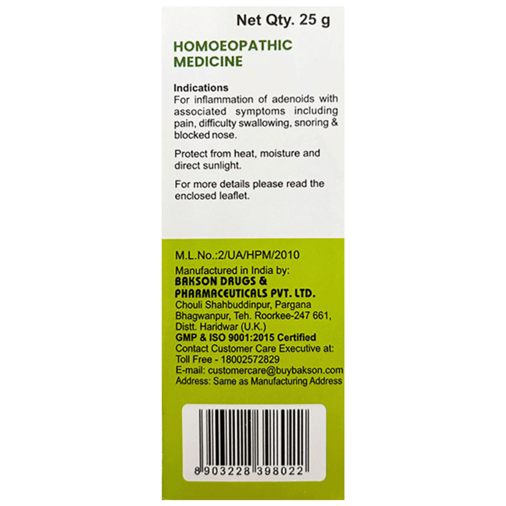 Dr Bakshi's Bakson's Homeopathy Medicated Globules for Adenoiditis bottle of 25 gm Globules