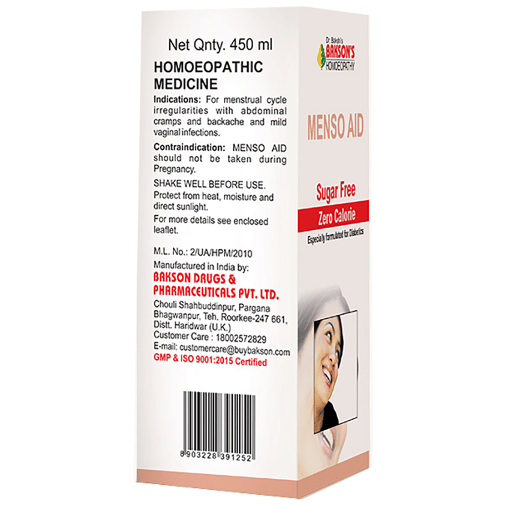 Bakson's Homeopathy Menso Aid Syrup Sugar Free bottle of 450 ml Syrup Bakson's Homeopathy Menso Aid Syrup Sugar Free bottle of 450 ml Syrup