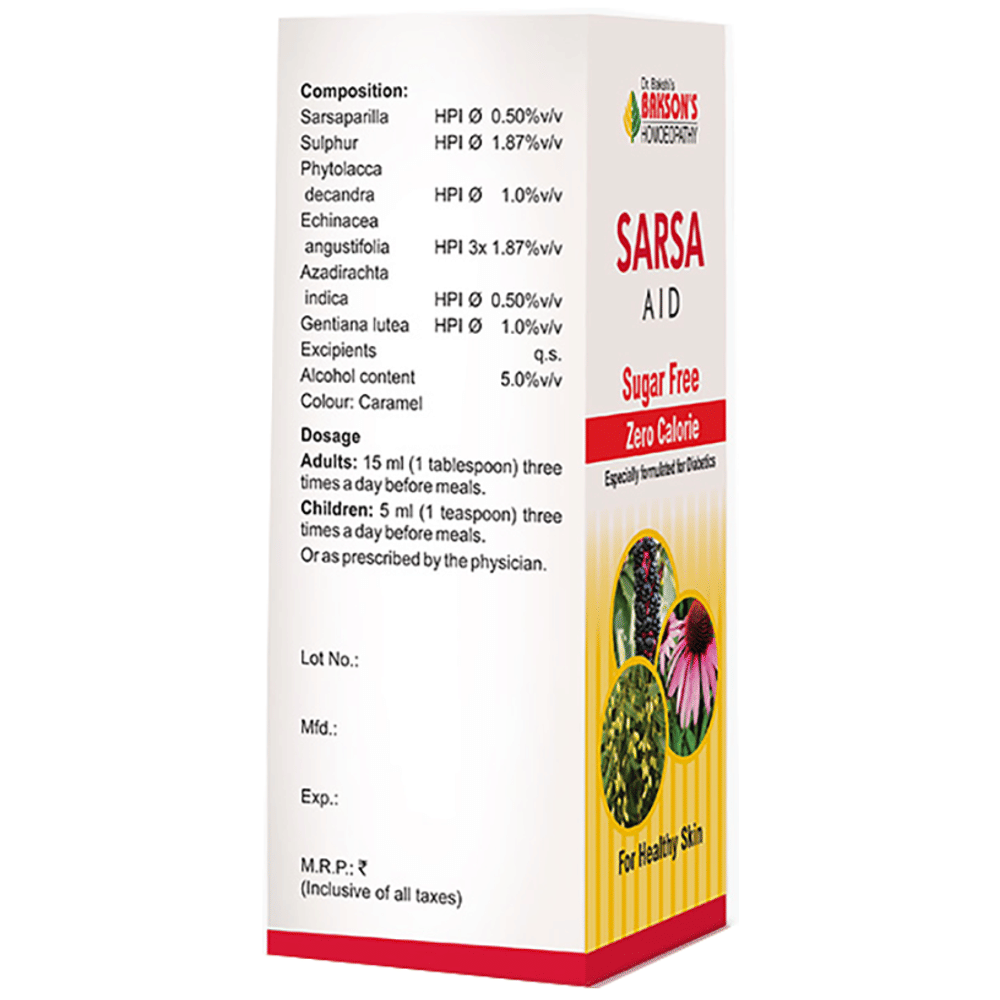 Bakson's Homeopathy Sarsa Aid Syrup Sugar Free bottle of 450 ml Syrup