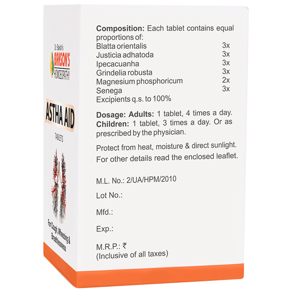 Bakson's Homeopathy Astha Aid Tablet bottle of 75 tablets Bakson's Homeopathy Astha Aid Tablet bottle of 75 tablets