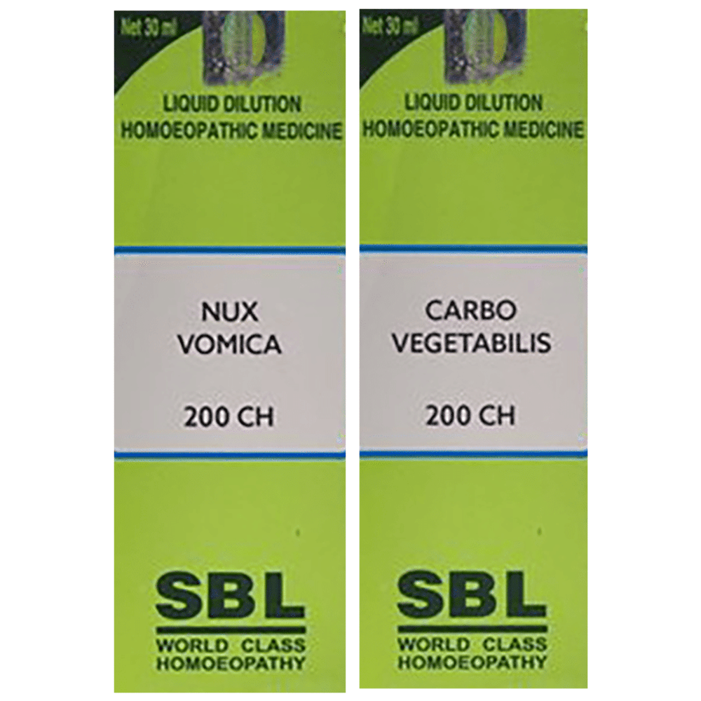 Combo Pack of SBL Nux Vomica Dilution 200 CH & SBL Carbo Vegetabilis Dilution 200 CH (30ml Each) combo pack of 2 bottles