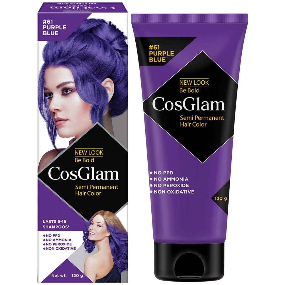 CosGlam Semi Permanent Hair Color | PPD & Ammonia free | Purple Blue tube of 120 gm Cream