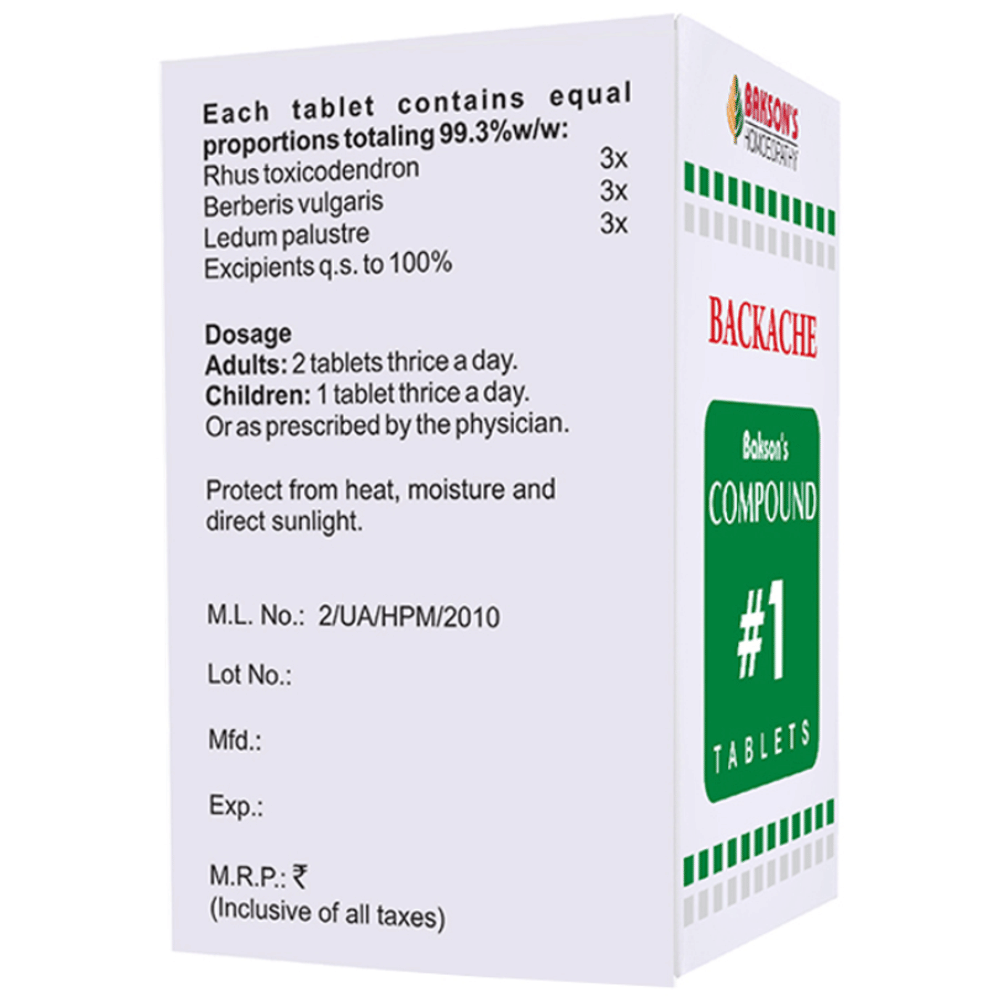 Bakson's Homeopathy Compound # 1 Backache Tablet bottle of 100 tablets