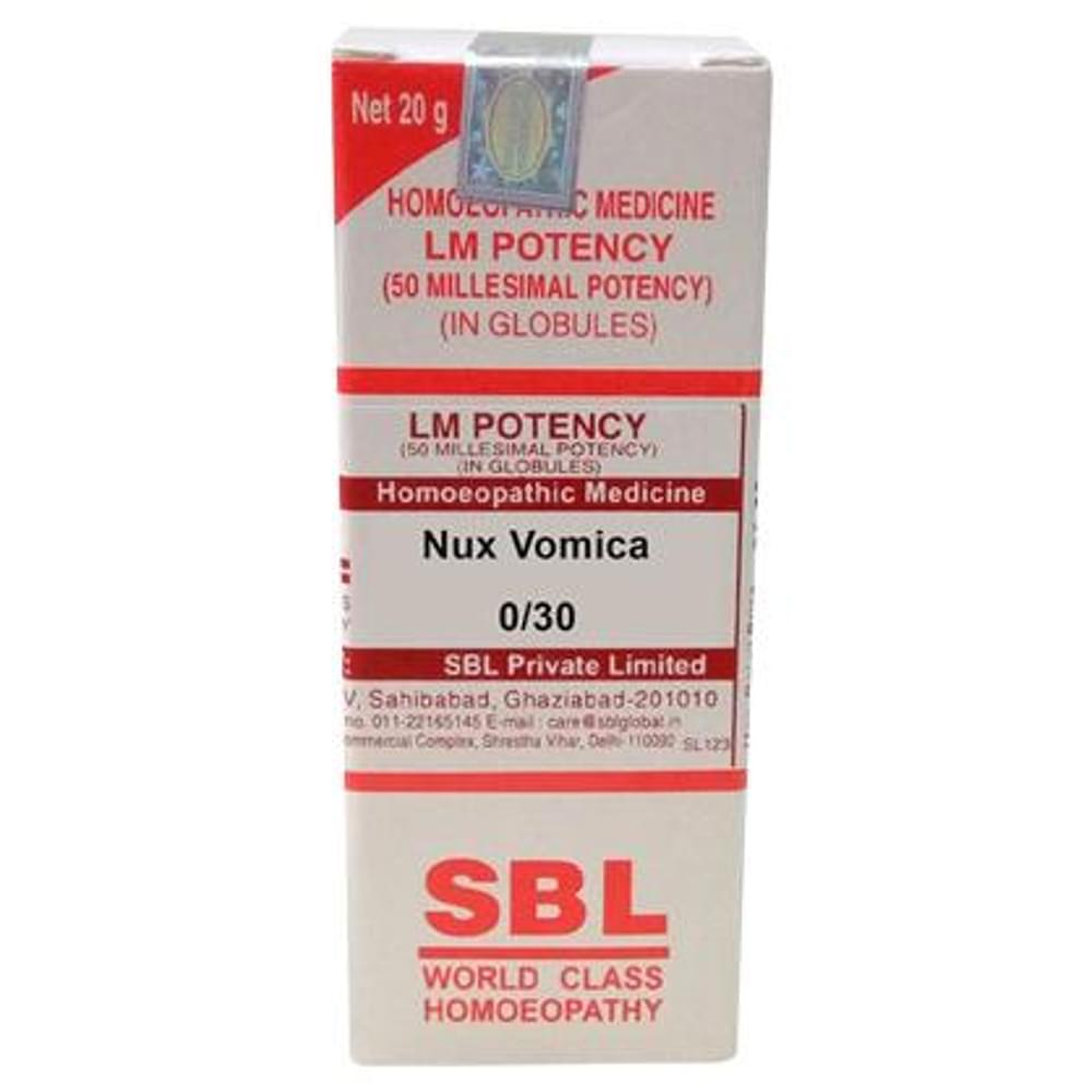 SBL Nux Vomica 0/30 LM bottle of 20 gm Globules