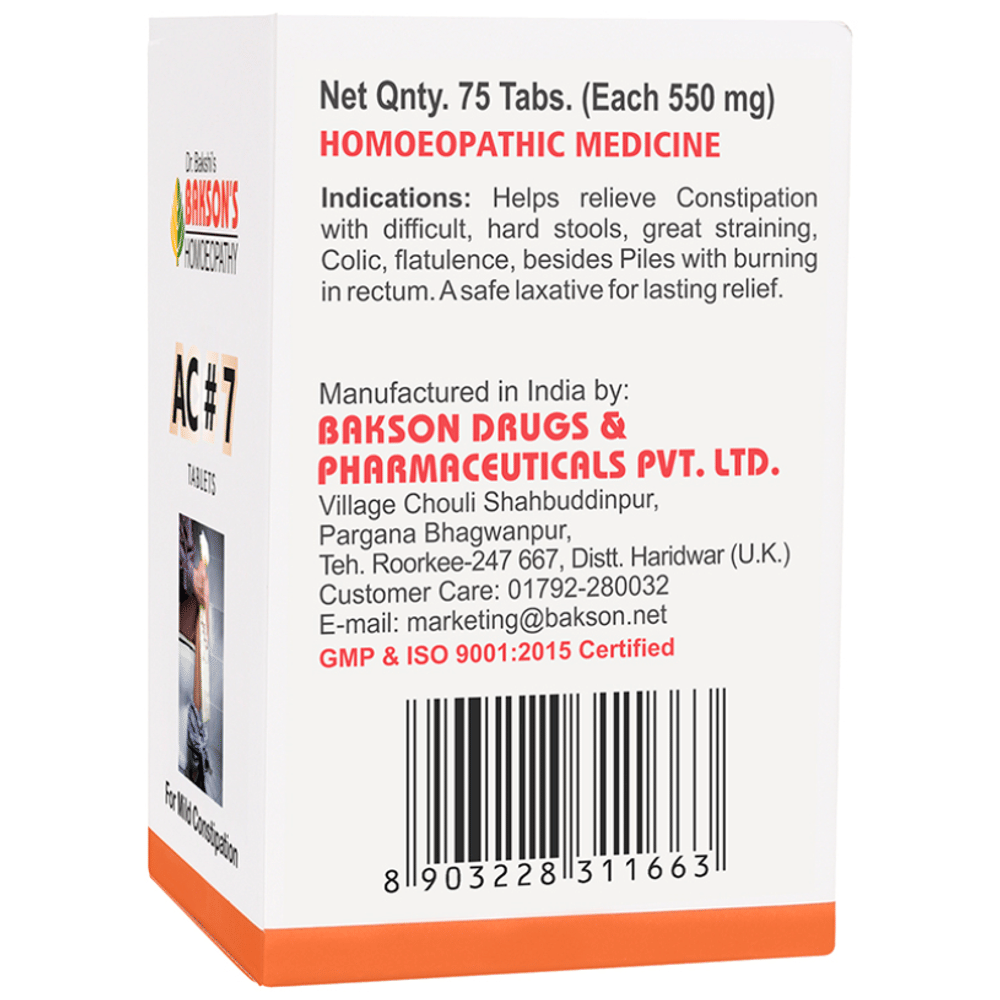Bakson's Homeopathy AC#7 Tablet bottle of 75 tablets