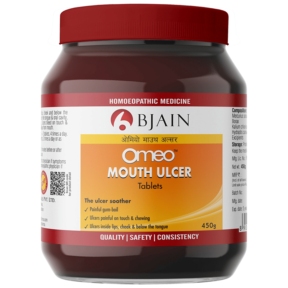 Bjain Omeo Mouth Ulcer Tablet bottle of 450 gm Tablet