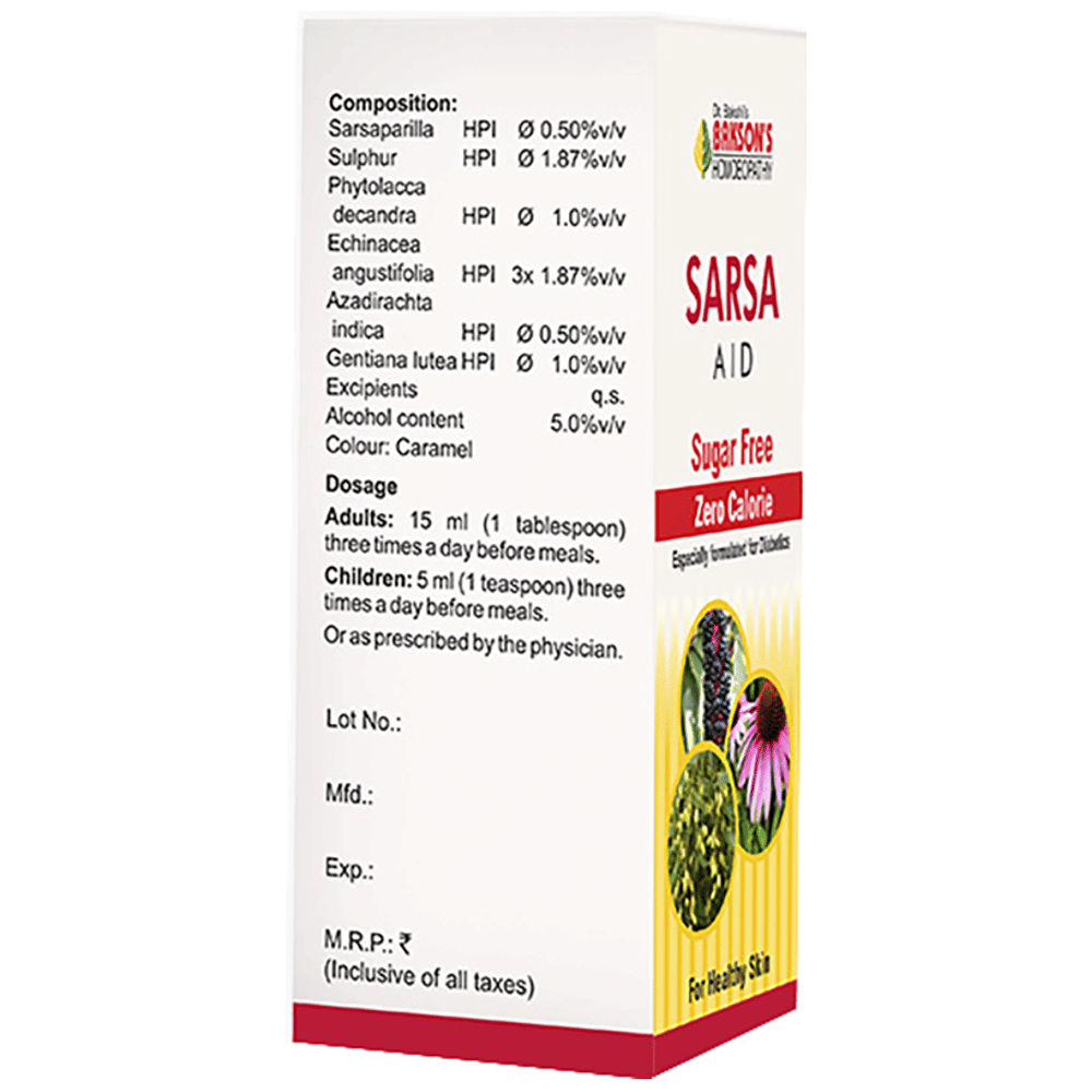 Bakson's Homeopathy Sarsa Aid Syrup Sugar Free bottle of 115 ml Syrup