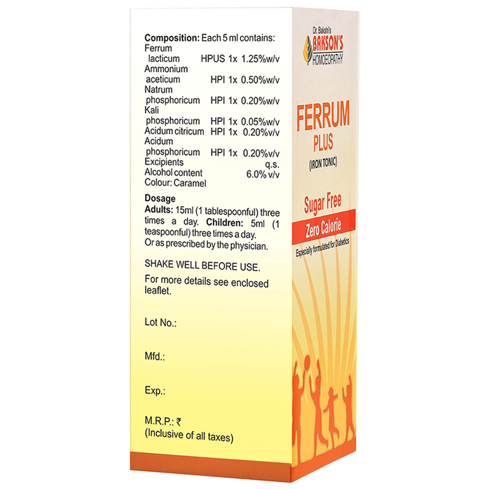 Bakson's Homeopathy Ferrum Plus Iron Tonic Sugar Free bottle of 115 ml Tonic
