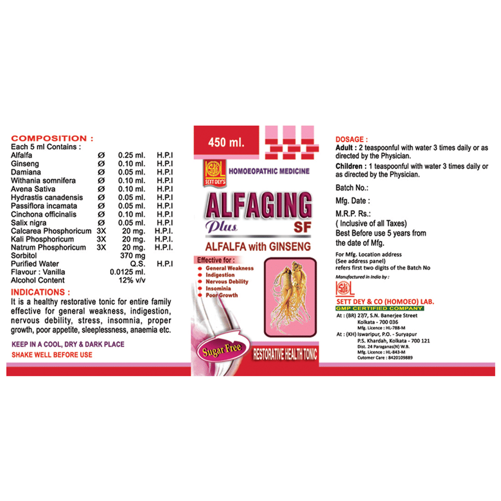 Sett Dey Alfaging Plus Sugar Free bottle of 450 ml Liquid