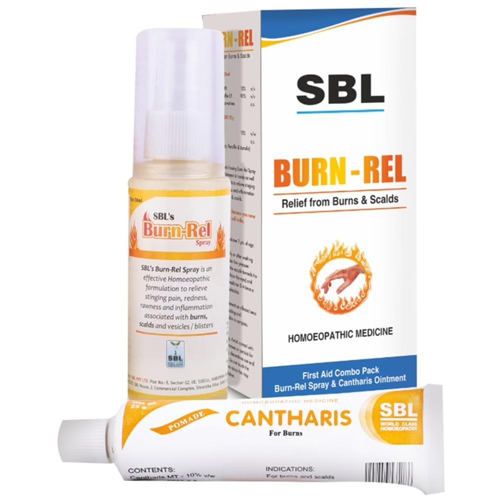 SBL Burn-Rel First Aid Combo Pack of Burn-Rel Spray 50ml & Cantharis Ointment 25gm box of 2 Packs