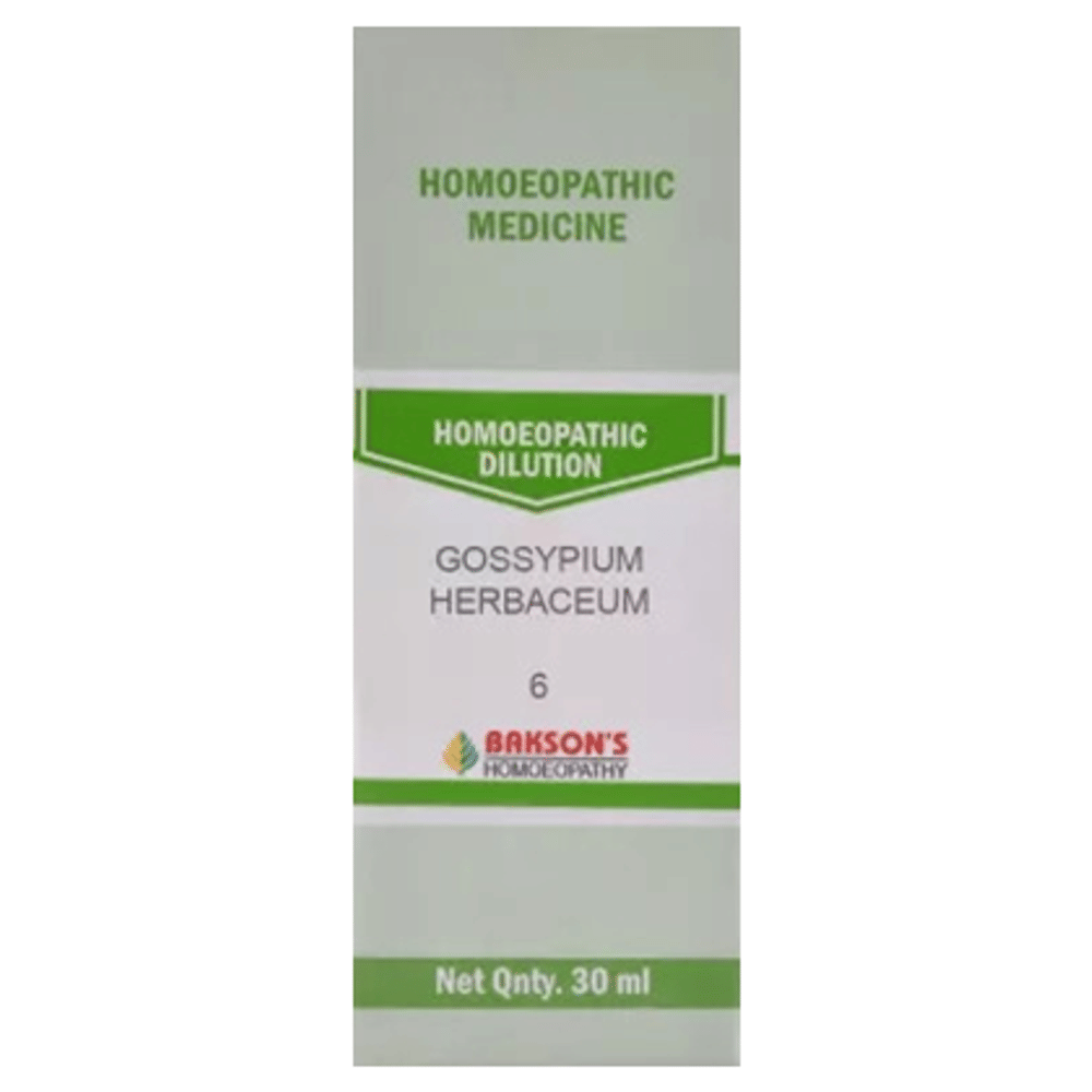 Bakson's Homeopathy Gossypium Herbaceum Dilution 6 CH bottle of 30 ml Dilution