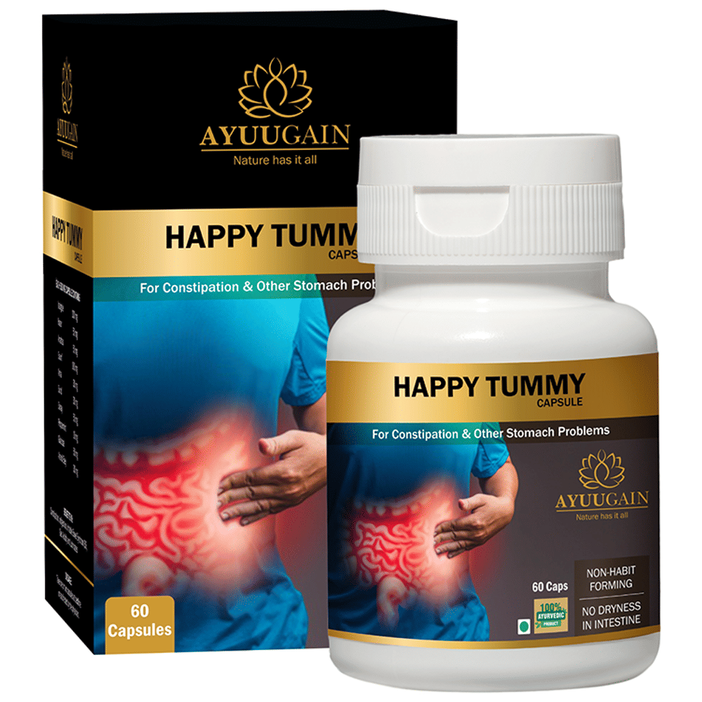 Ayuugain Happy Tummy Capsule for Constipation, Gas, Acidity & IBS Relief Constipation bottle of 60 capsules