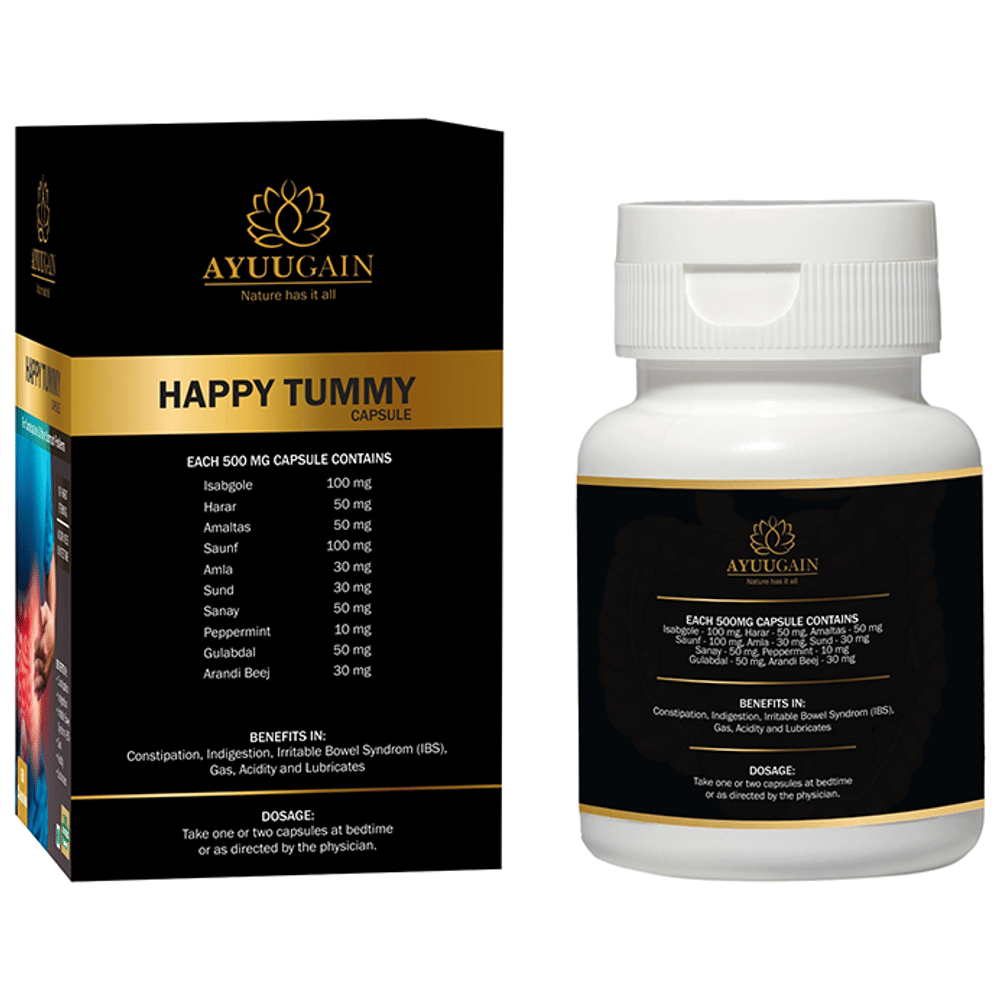 Ayuugain Happy Tummy Capsule for Constipation, Gas, Acidity & IBS Relief Constipation bottle of 60 capsules
