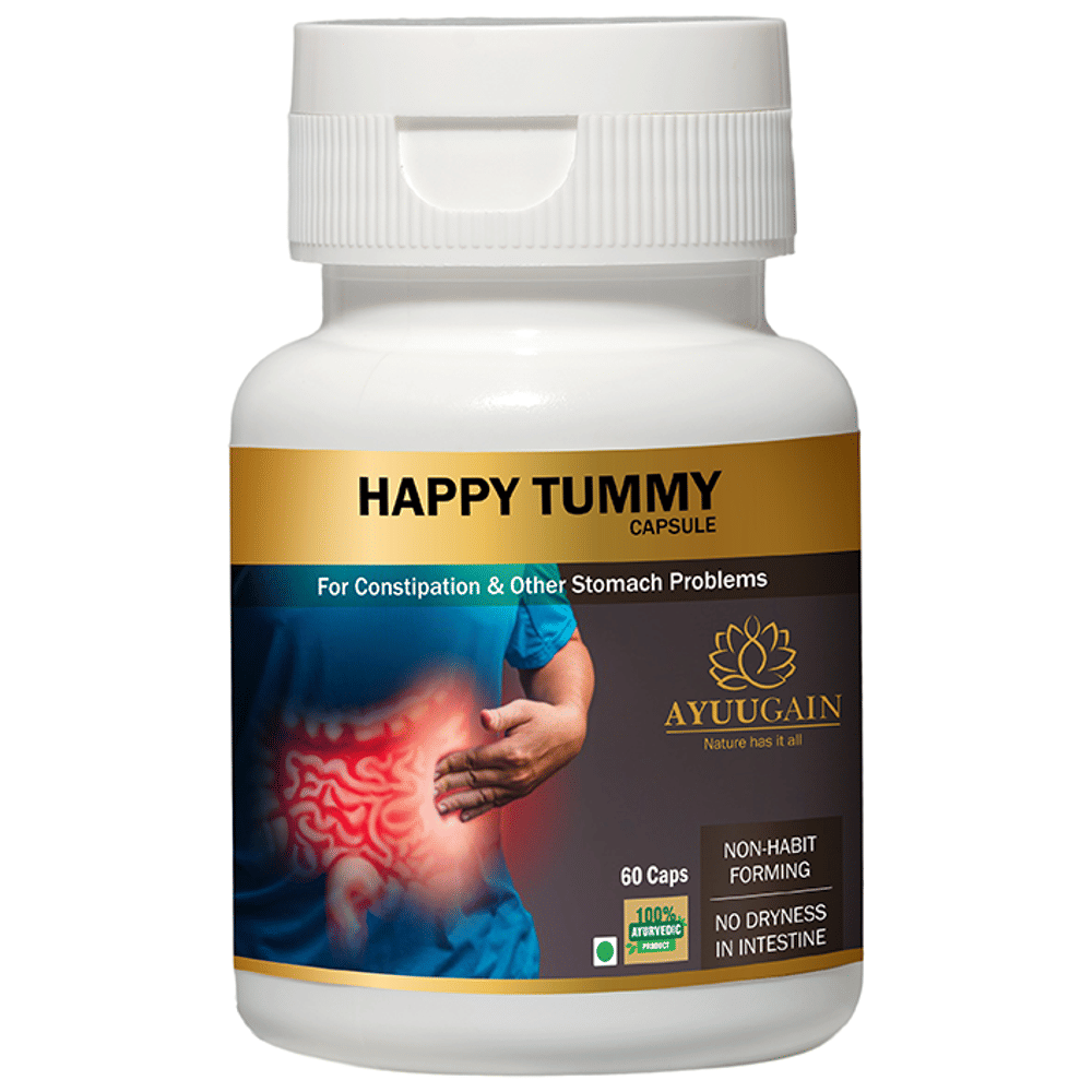 Ayuugain Happy Tummy Capsule for Constipation, Gas, Acidity & IBS Relief Constipation bottle of 60 capsules