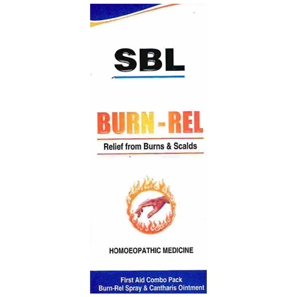 SBL Burn-Rel First Aid Combo Pack of Burn-Rel Spray 50ml & Cantharis Ointment 25gm box of 2 Packs SBL Burn-Rel First Aid Combo Pack of Burn-Rel Spray 50ml & Cantharis Ointment 25gm box of 2 Packs
