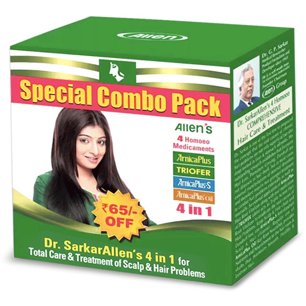 Allen's ArnicaPlus Hair Treatment Combo 4 in 1 (Vitalizer+Triofer+Shampoo+Hair Oil) box of 1 Kit Allen's ArnicaPlus Hair Treatment Combo 4 in 1 (Vitalizer+Triofer+Shampoo+Hair Oil) box of 1 Kit